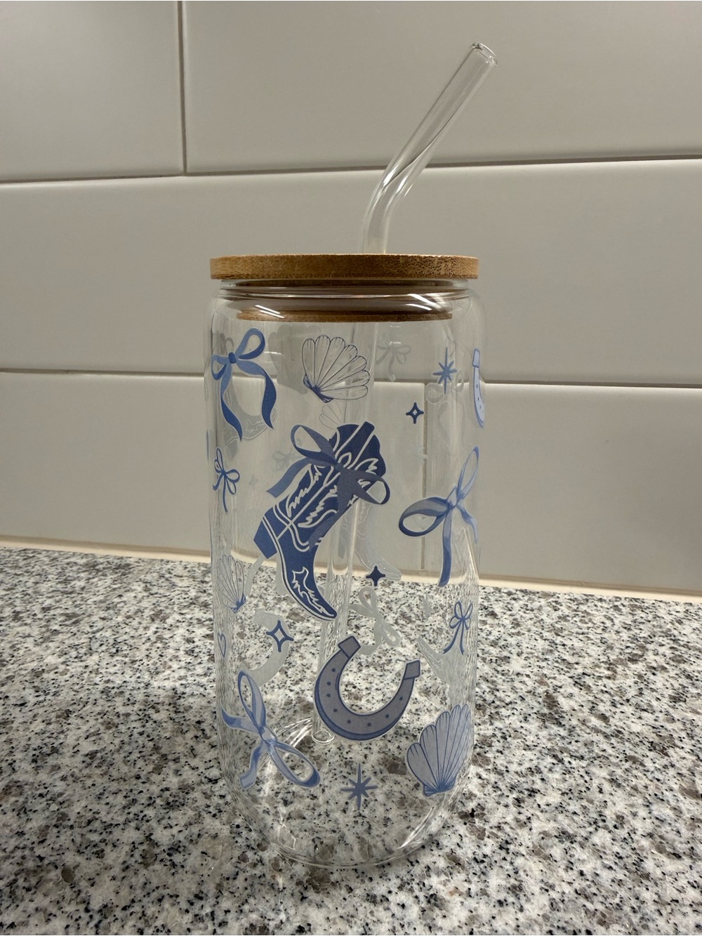 Glass Tumbler Jar with Cork Lid & Straw - Blue Western